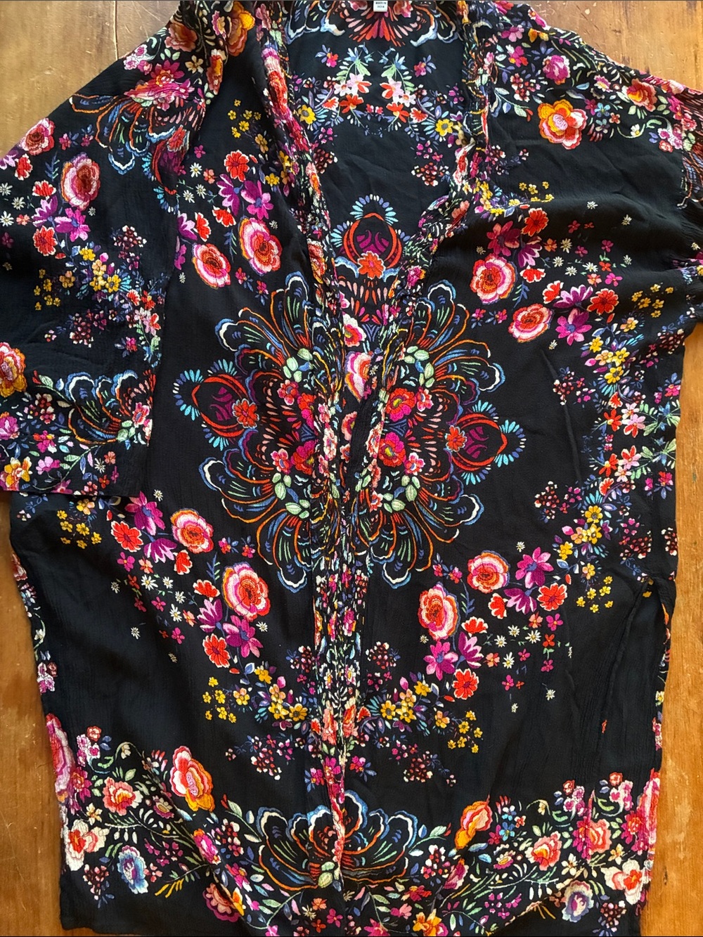 Patrons of Peace Black Floral Open Front Kimono with Multicolor Blooms - Picture 3 of 7